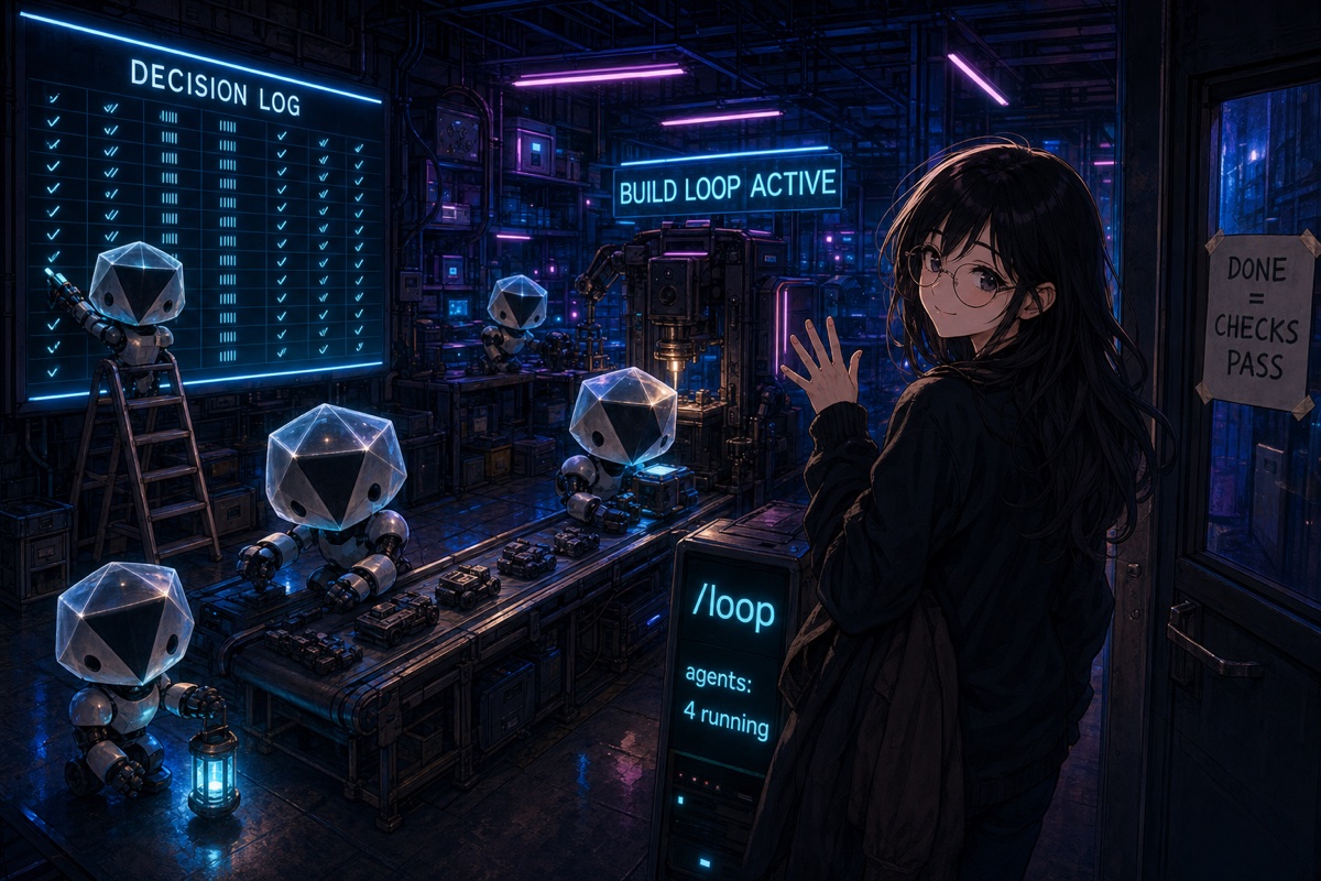 She waves goodnight from the door while robots keep the factory running, one updating a DECISION LOG wall board under a BUILD LOOP ACTIVE sign.