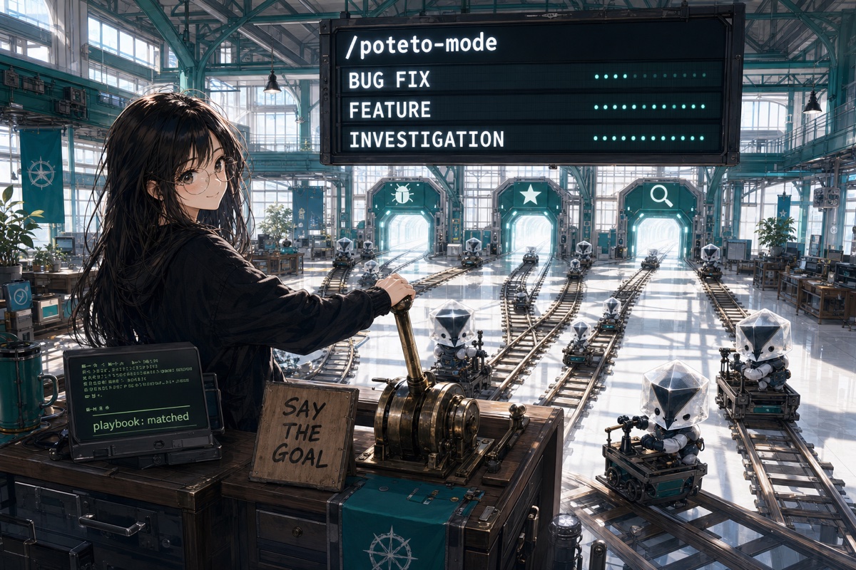 A dispatcher pulls a switch lever to route robots on rail handcars toward lit gates, under a /poteto-mode departure board listing BUG FIX, FEATURE, and INVESTIGATION.