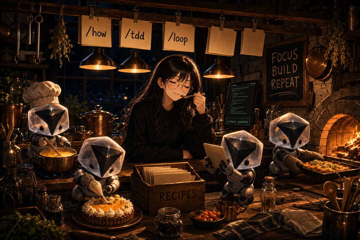 She tastes a finished dish while robots cook from a recipe box, with pinned cards reading /how, /tdd, and /loop above the counter.