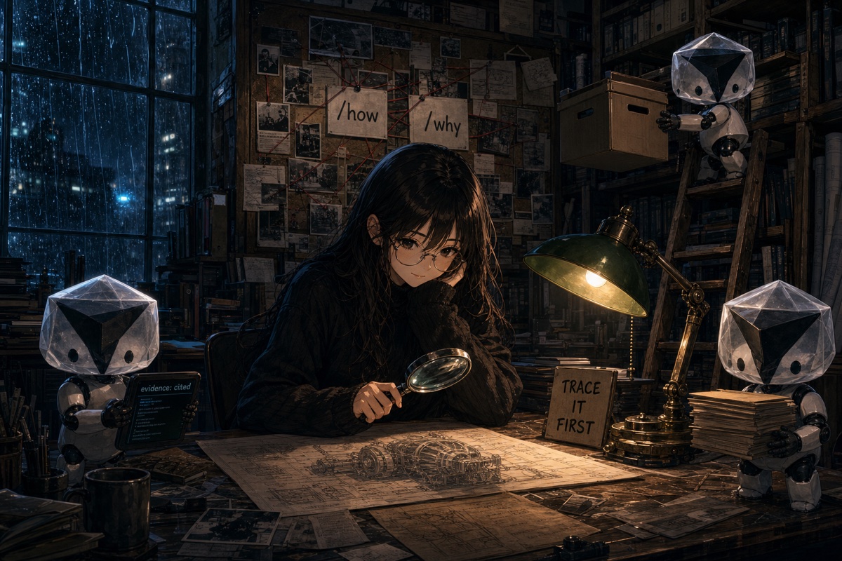 A detective studies a machine blueprint with a magnifying glass while robots fetch case files; the evidence board behind her links clues under /how and /why.